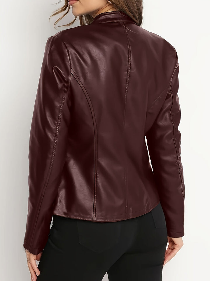 Margaret │ Women's Leather Biker Jacket With Stand Collar And Zip Front