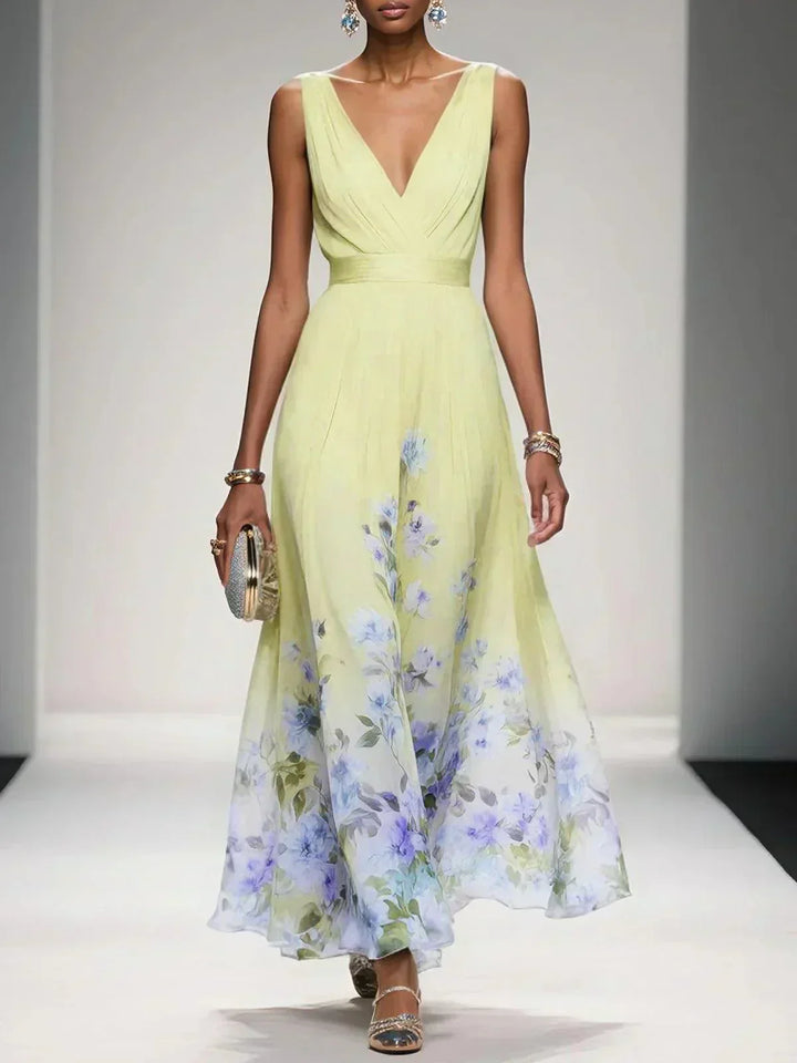 Grace | Women's V-Neck Ruched Bodice Floral Border Maxi Dress