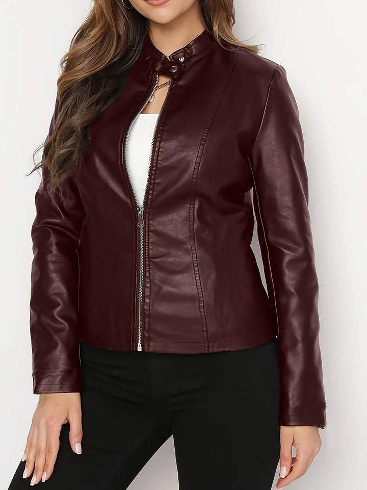 Margaret │ Women's Leather Biker Jacket With Stand Collar And Zip Front
