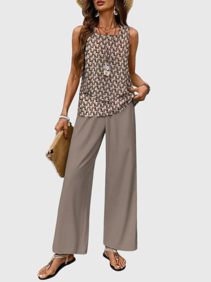 Celestine │ Women's Botanical Print Wide-Leg Trousers And Layered Sleeveless Top Two-Piece Set
