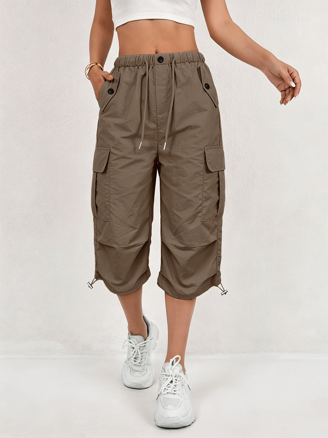 Freya | Women's Loose Fit Drawstring Waist Flap Pocket Cargo Capri Trousers