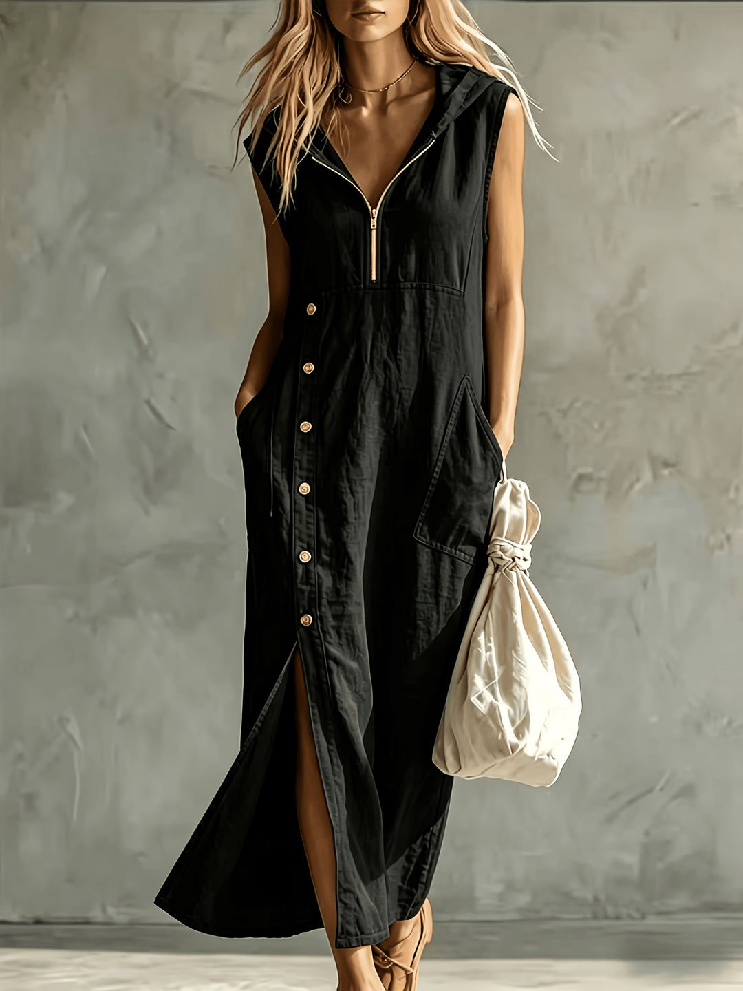 Nadine │ Women's Sleeveless Hooded Maxi Dress With Zip Front And Button Detail