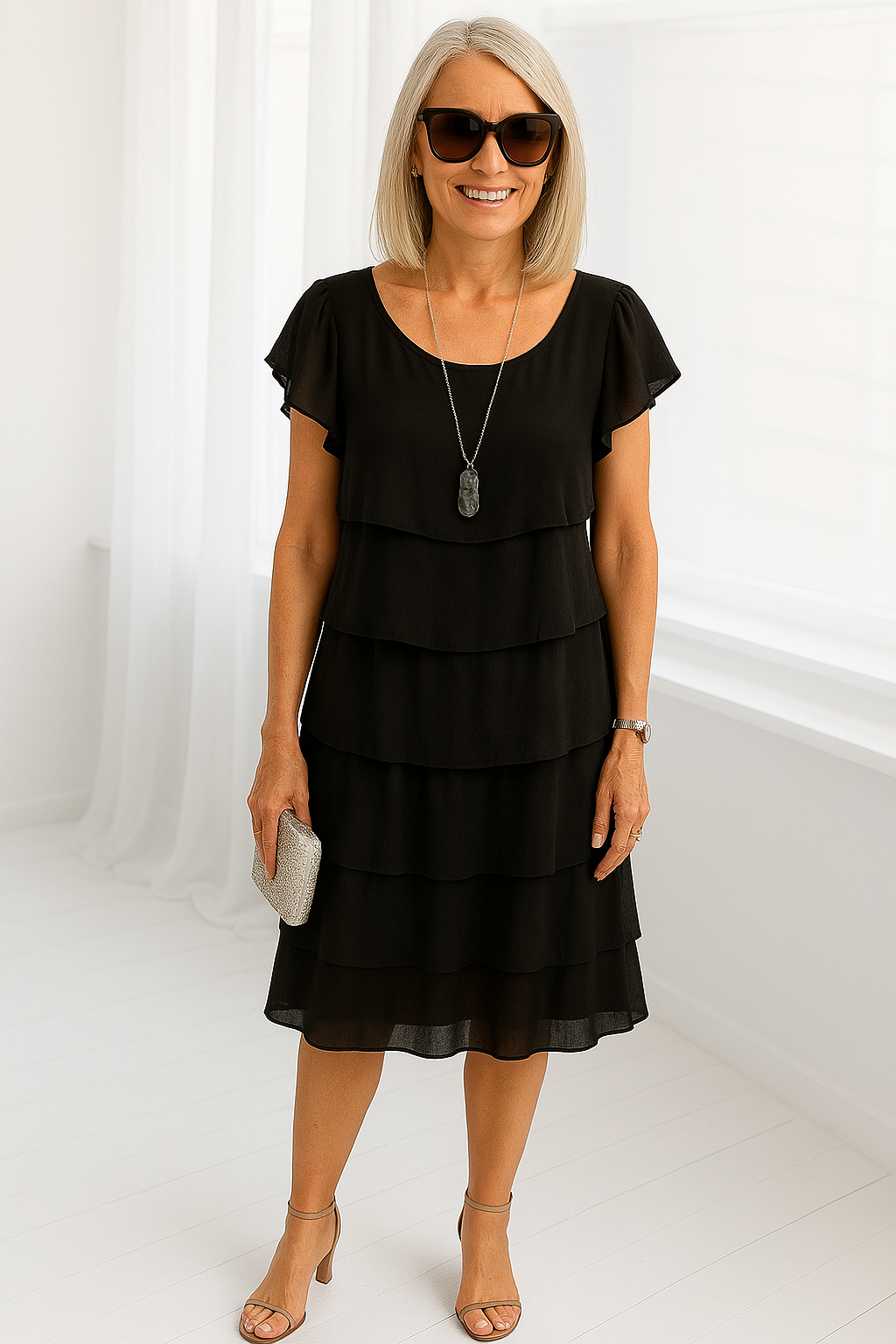 Seraphine │ Women's Tiered Ruffle Midi Dress With Flutter Sleeves And Round Neck