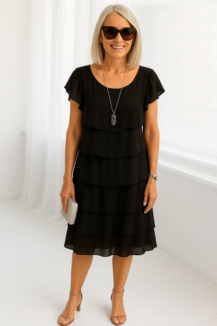 Seraphine │ Women's Tiered Ruffle Midi Dress With Flutter Sleeves And Round Neck