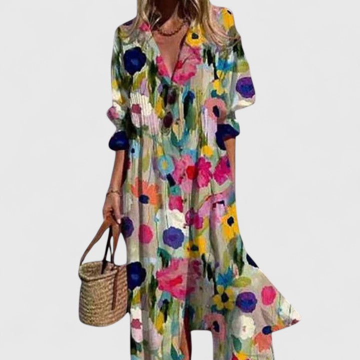 Calliope │ Women's Botanical Print Button Front Midi Summer Dress With Half Sleeves