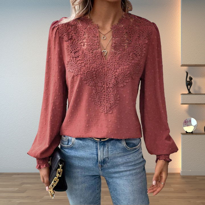 Stella │ Women's Lace Trim V-Neck Long Sleeve Blouse With Textured Fabric