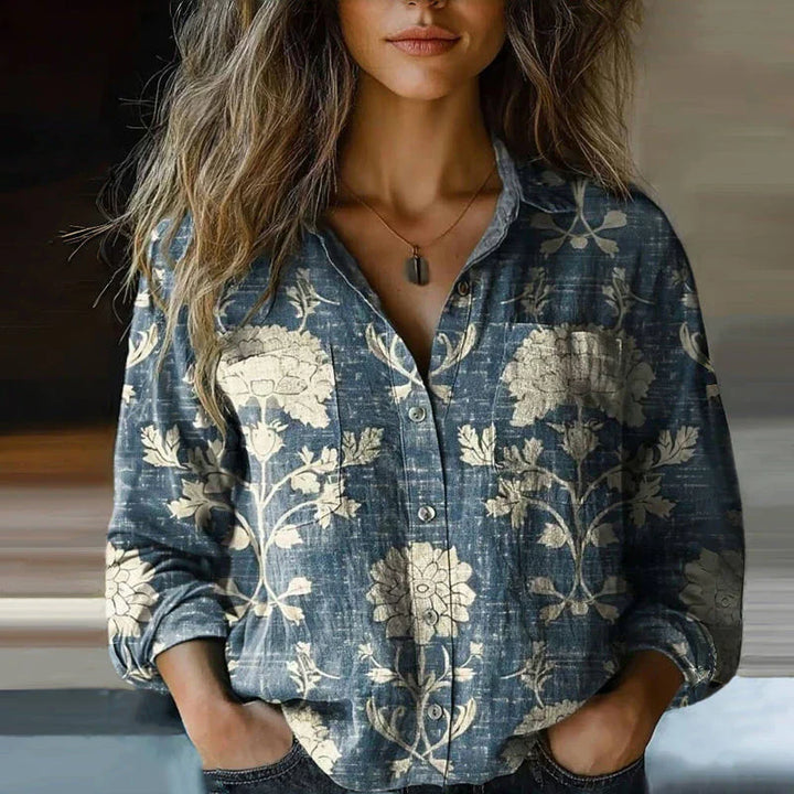 Vivienne │ Women's Paisley Print Band Collar Long Sleeve Button Front Blouse
