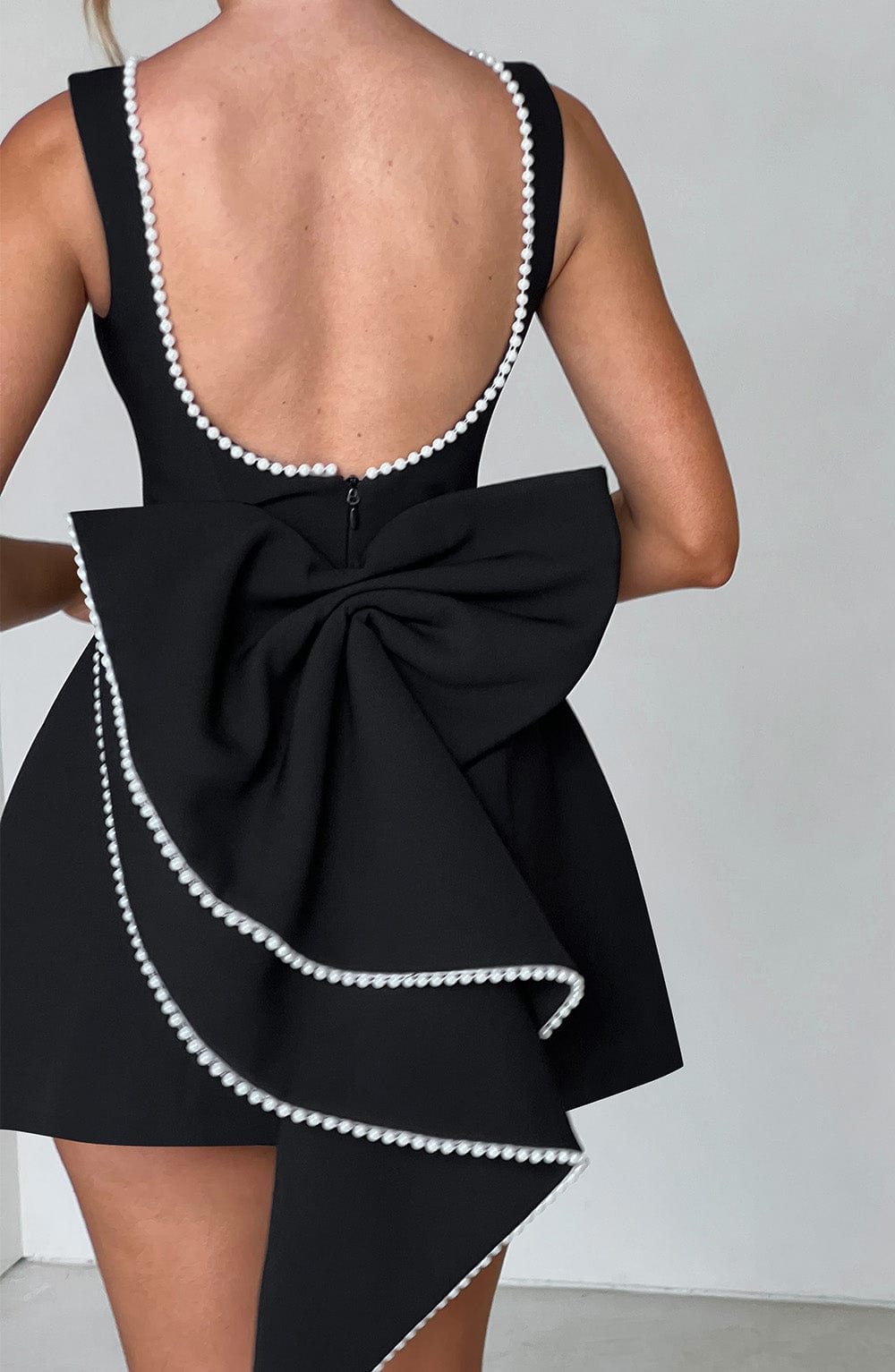 Georgiana │ Women's Structured Mini Wedding Guest Dress With Pearl Trim And Bow Detail