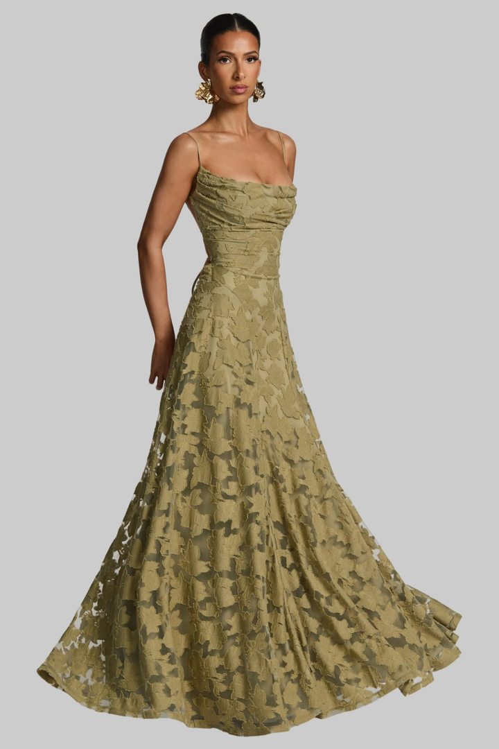 Arabella │ Women's Floral Brocade Maxi Wedding Guest Dress With Cami Straps