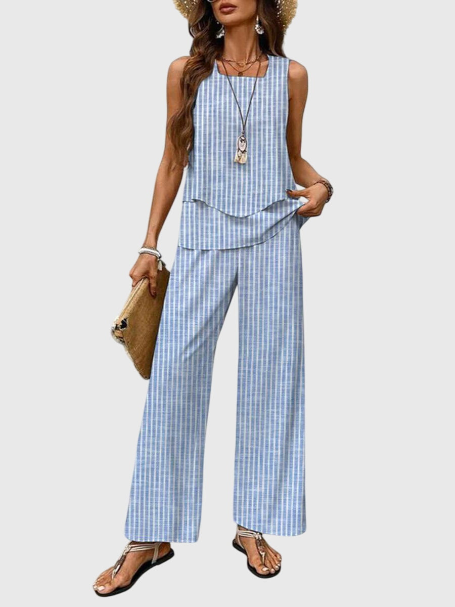 Celestine │ Women's Botanical Print Wide-Leg Trousers And Layered Sleeveless Top Two-Piece Set