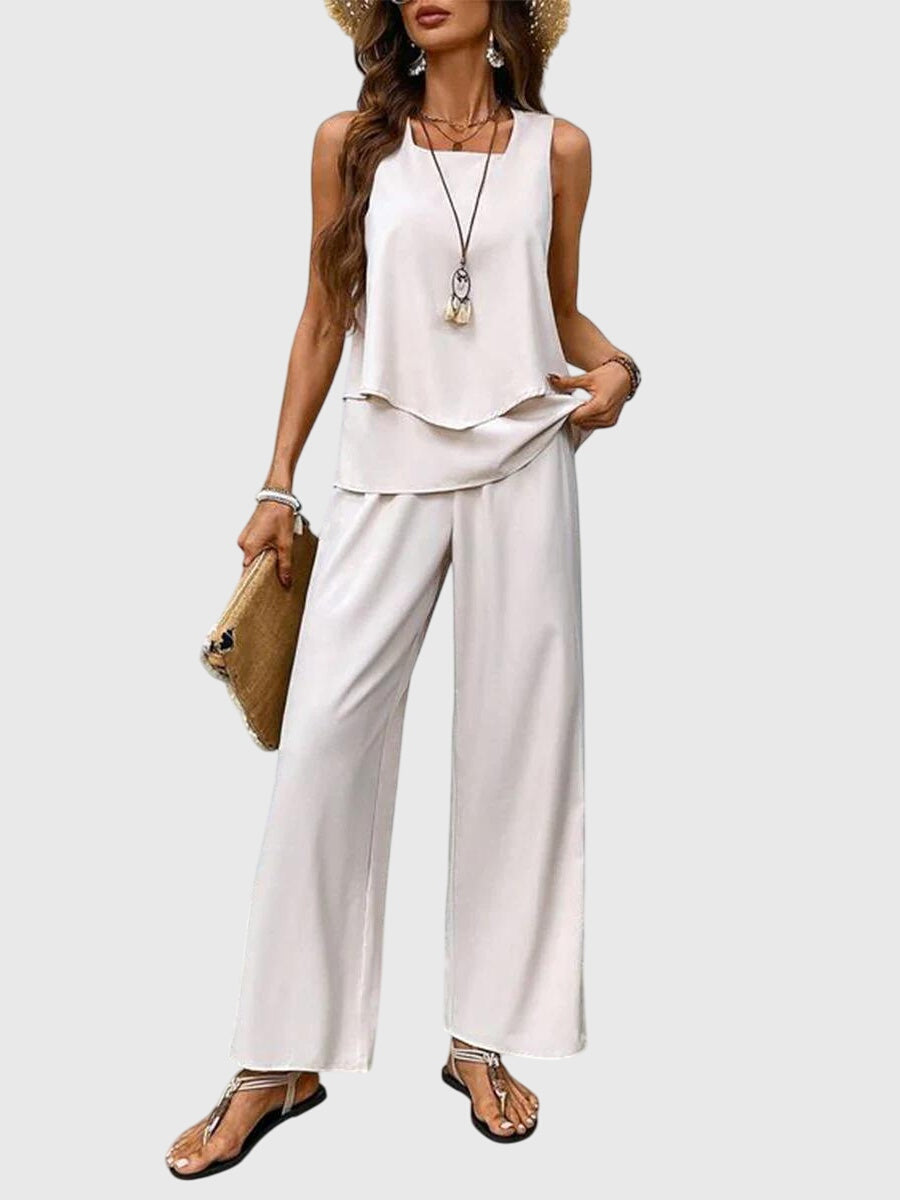 Celestine │ Women's Botanical Print Wide-Leg Trousers And Layered Sleeveless Top Two-Piece Set