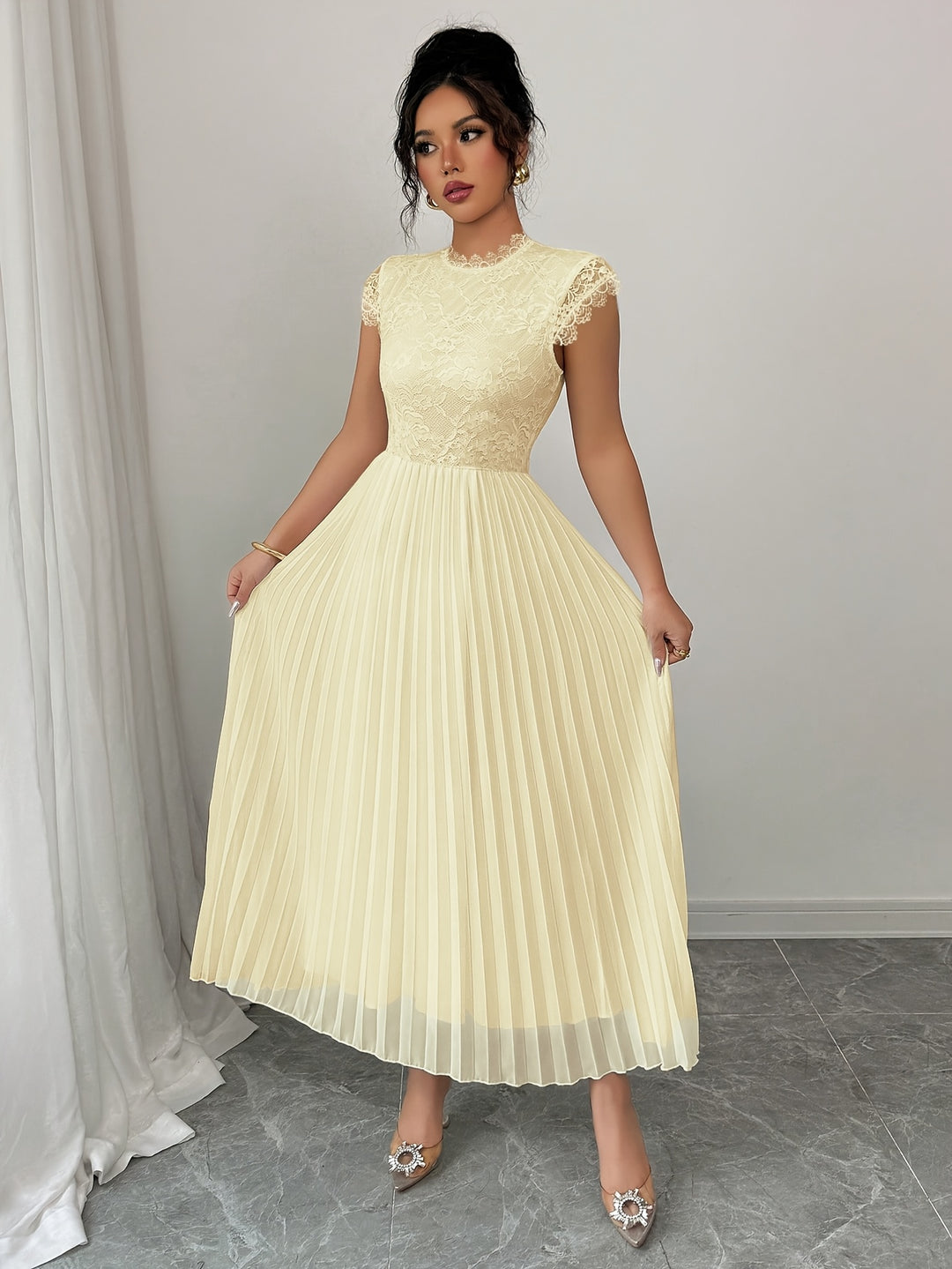 Edith │ Women's Lace Bodice Pleated Wedding Guest Maxi Dress