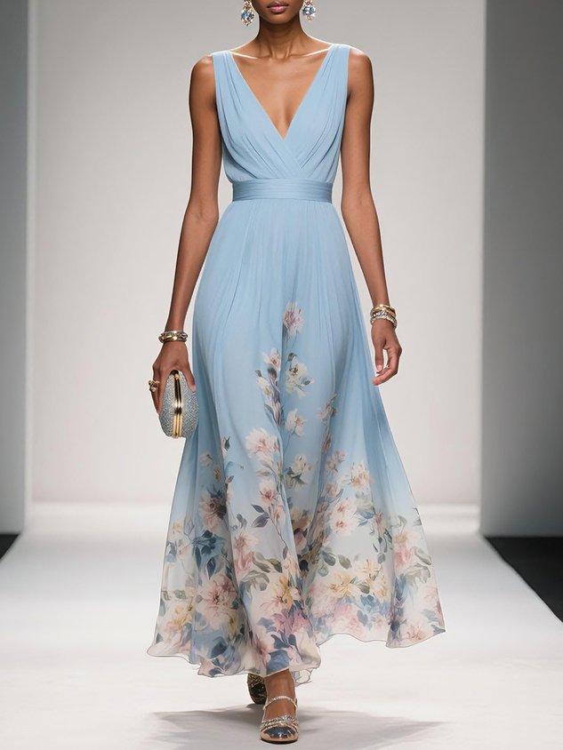 Grace | Women's V-Neck Ruched Bodice Floral Border Maxi Dress