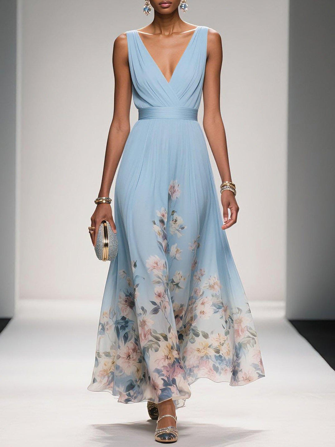 Grace | Women's V-Neck Ruched Bodice Floral Border Maxi Dress