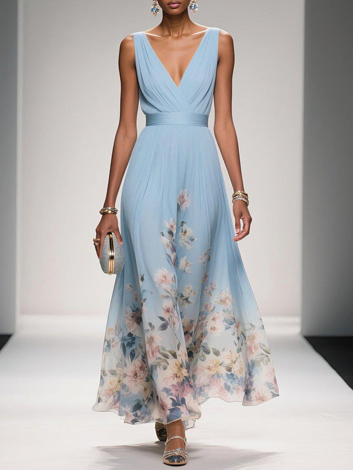 Grace | Women's V-Neck Ruched Bodice Floral Border Maxi Dress