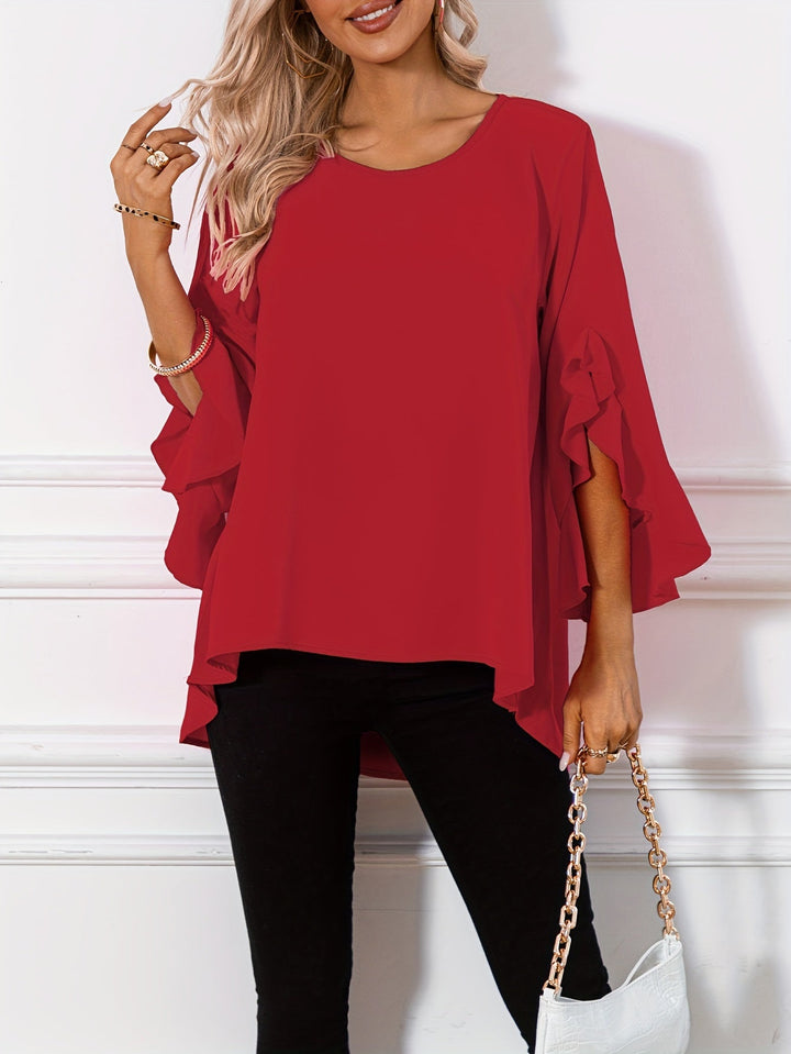 Corinna │ Women's Three-Quarter Sleeve Peplum Blouse With Ruffle Detail