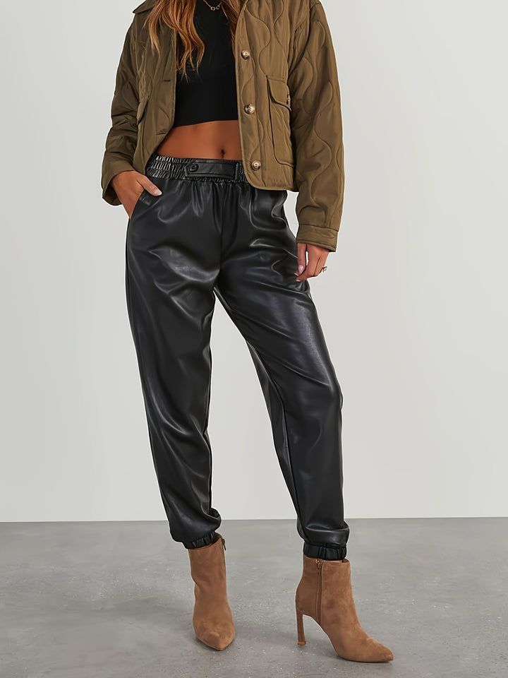 Martha │ Women's Leather-Look Tapered Trousers With Elasticated Waist And Cuffed Ankles