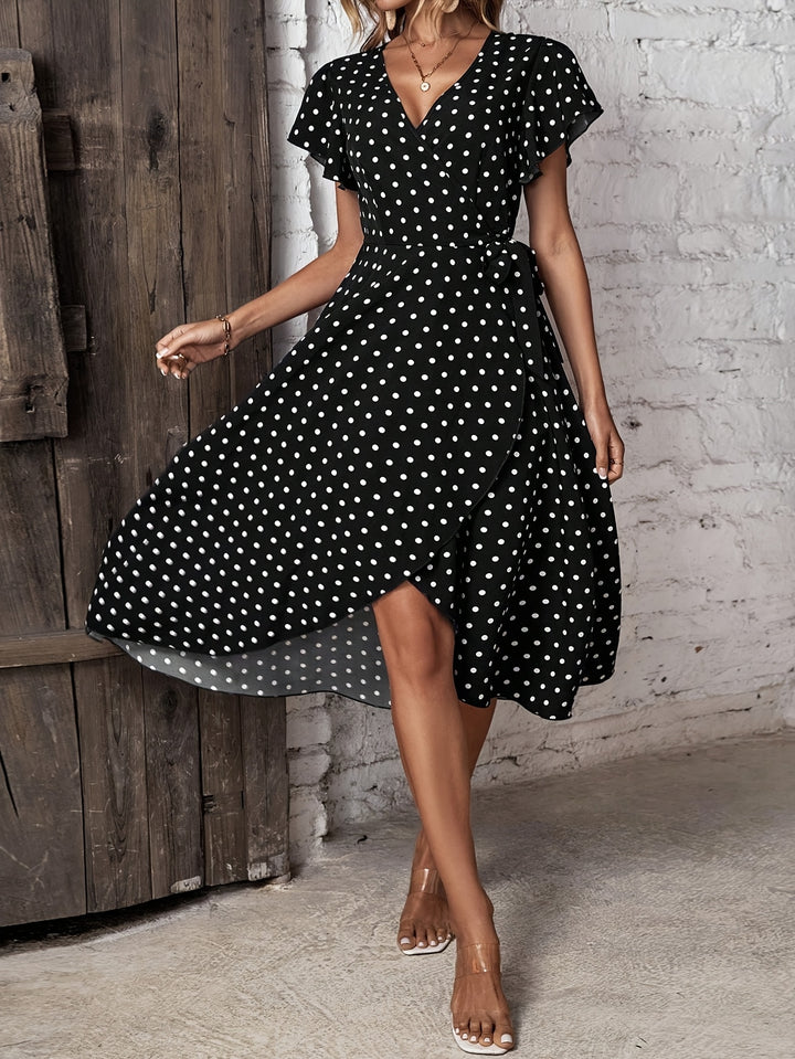 Olive │ Women's Polka Dot Wrap Maxi Dress With Short Sleeves