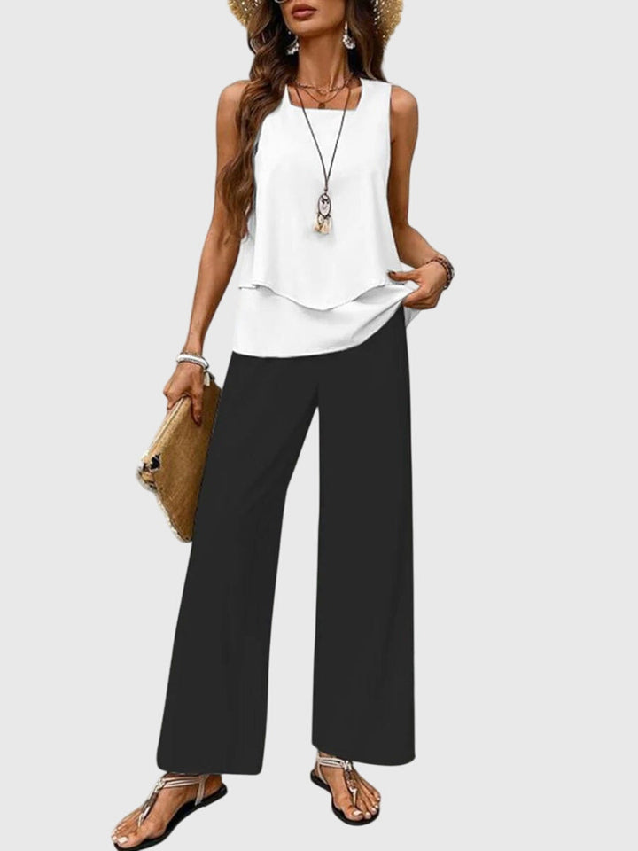 Celestine │ Women's Botanical Print Wide-Leg Trousers And Layered Sleeveless Top Two-Piece Set