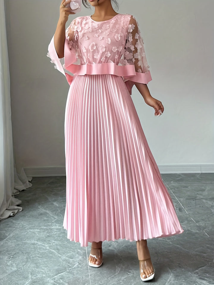 Beatrice │ Women's 3D Floral Appliqué Wedding Guest Maxi Dress With Pleated Skirt