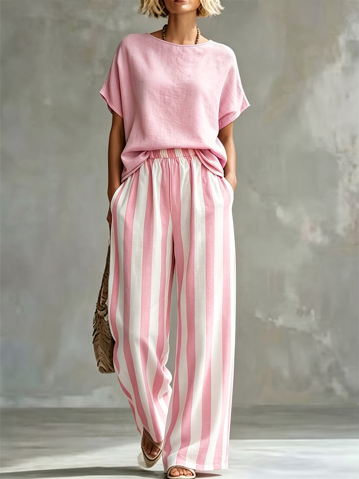Florence | Women's Striped Wide-Leg Trouser Crew Neck Co-ord Set