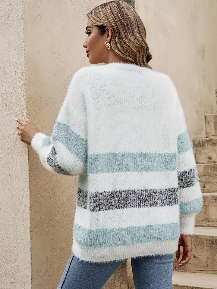 Muriel │ Women's Drop Shoulder Button Front Stripe Knit Cardigan