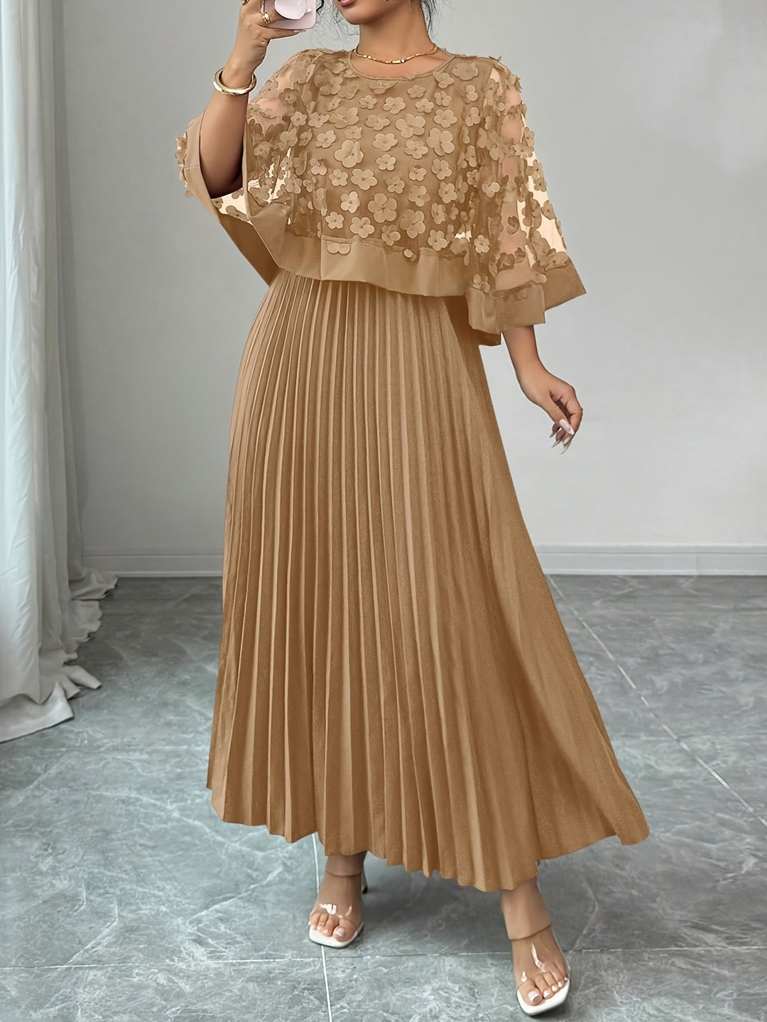 Beatrice │ Women's 3D Floral Appliqué Wedding Guest Maxi Dress With Pleated Skirt