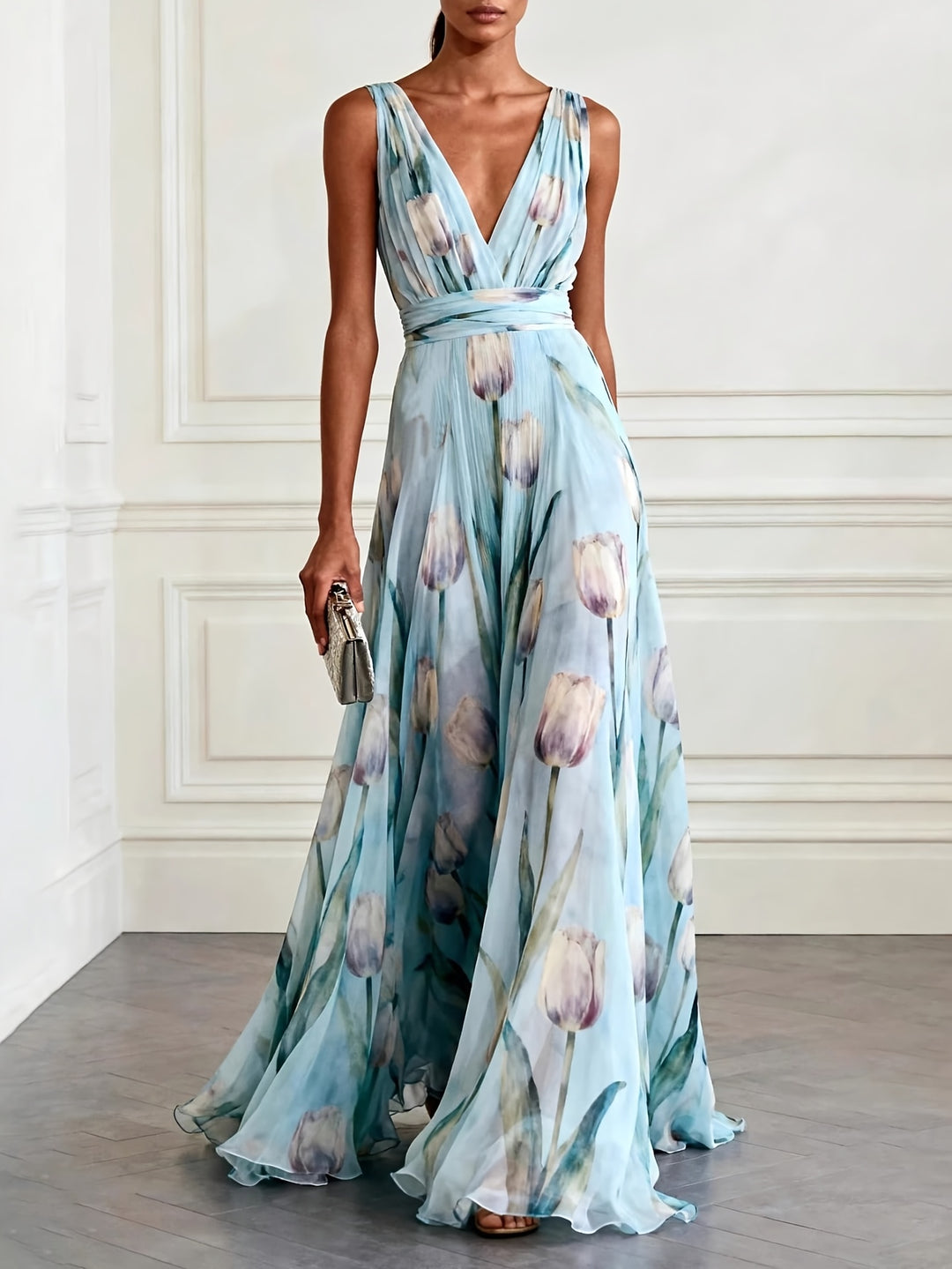 Dora │ Women's Floral Print Deep V-Neck Wedding Guest Maxi Dress