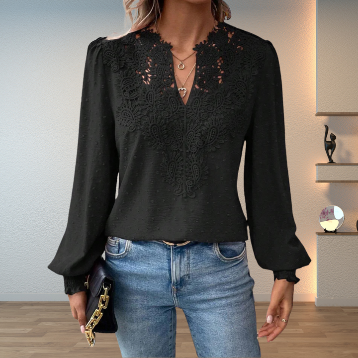 Stella │ Women's Lace Trim V-Neck Long Sleeve Blouse With Textured Fabric