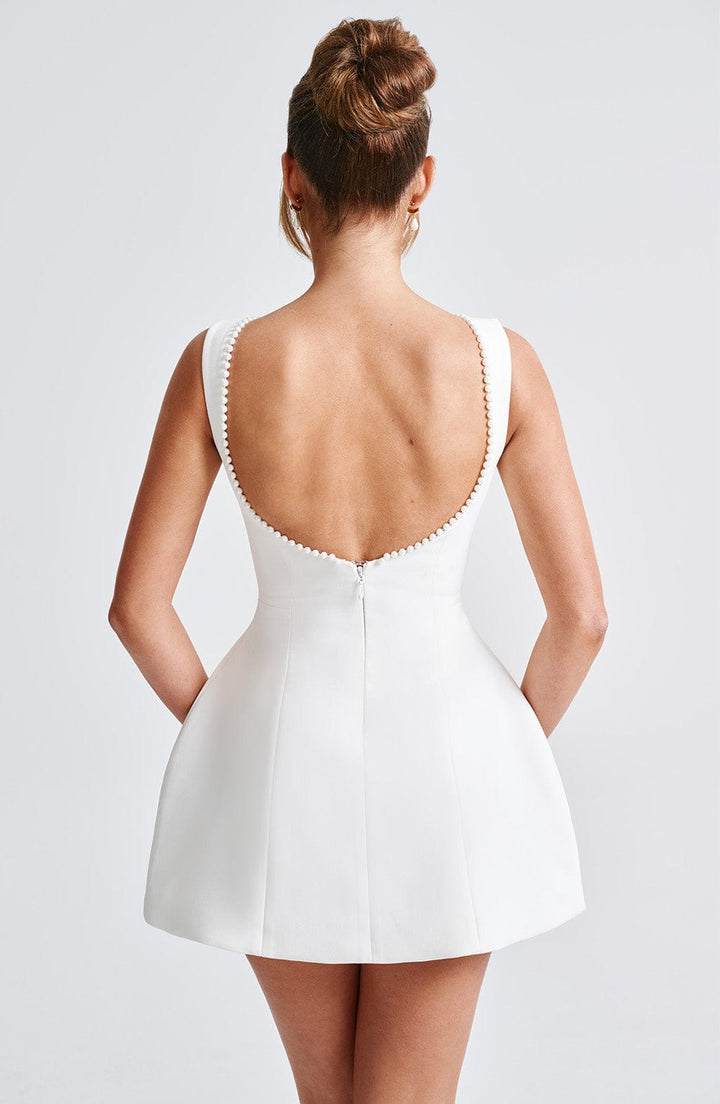 Georgiana │ Women's Structured Mini Wedding Guest Dress With Pearl Trim And Bow Detail