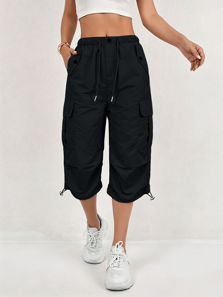 Freya | Women's Loose Fit Drawstring Waist Flap Pocket Cargo Capri Trousers