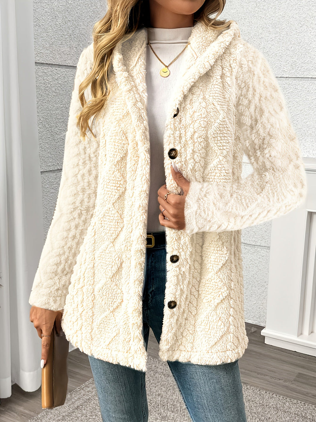 Nora │ Women's Hooded Wool-Blend Teddy Coat With Button Front
