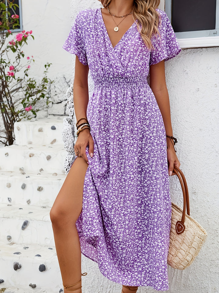 Winifred │ Women's Floral Print V-Neck Midi Dress With Butterfly Sleeves And Side Slit