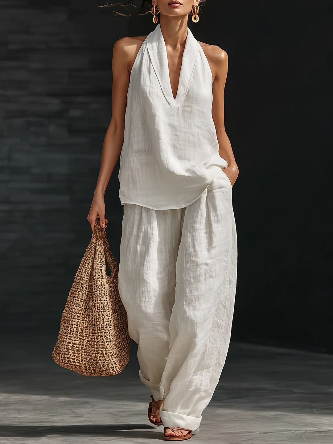 Aria | Women's Halter Neck V-Neck Linen Wide-Leg Co-ord Set