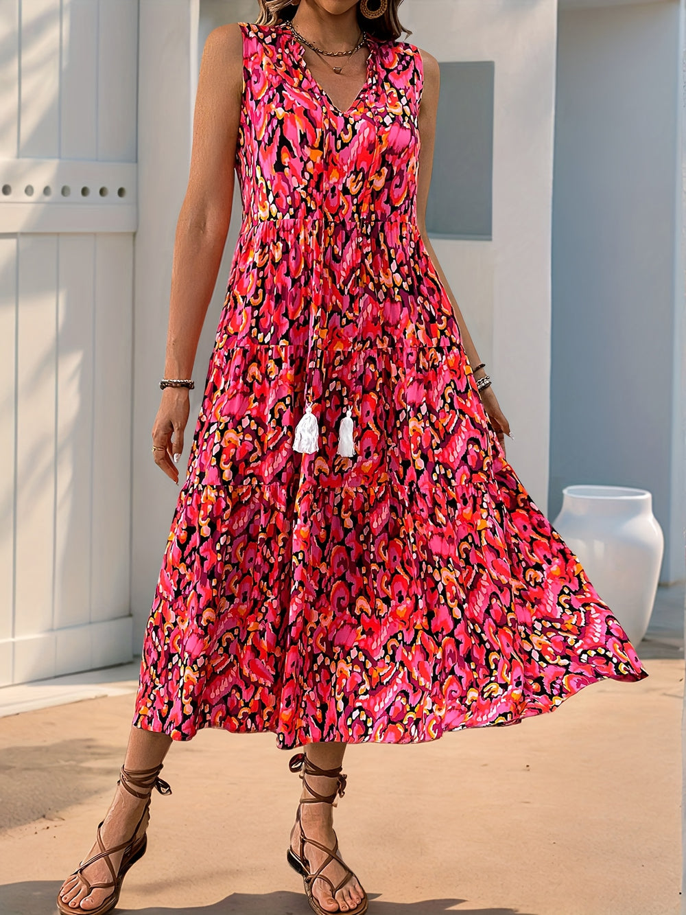 Maya | Women's Sleeveless Tassel Tie Neck Tiered Print Midi Dress