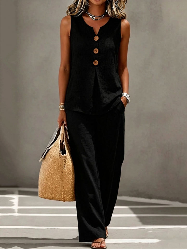 Daisy │ Women's Sleeveless Button Front Top And Wide Leg Trousers Two Piece Set