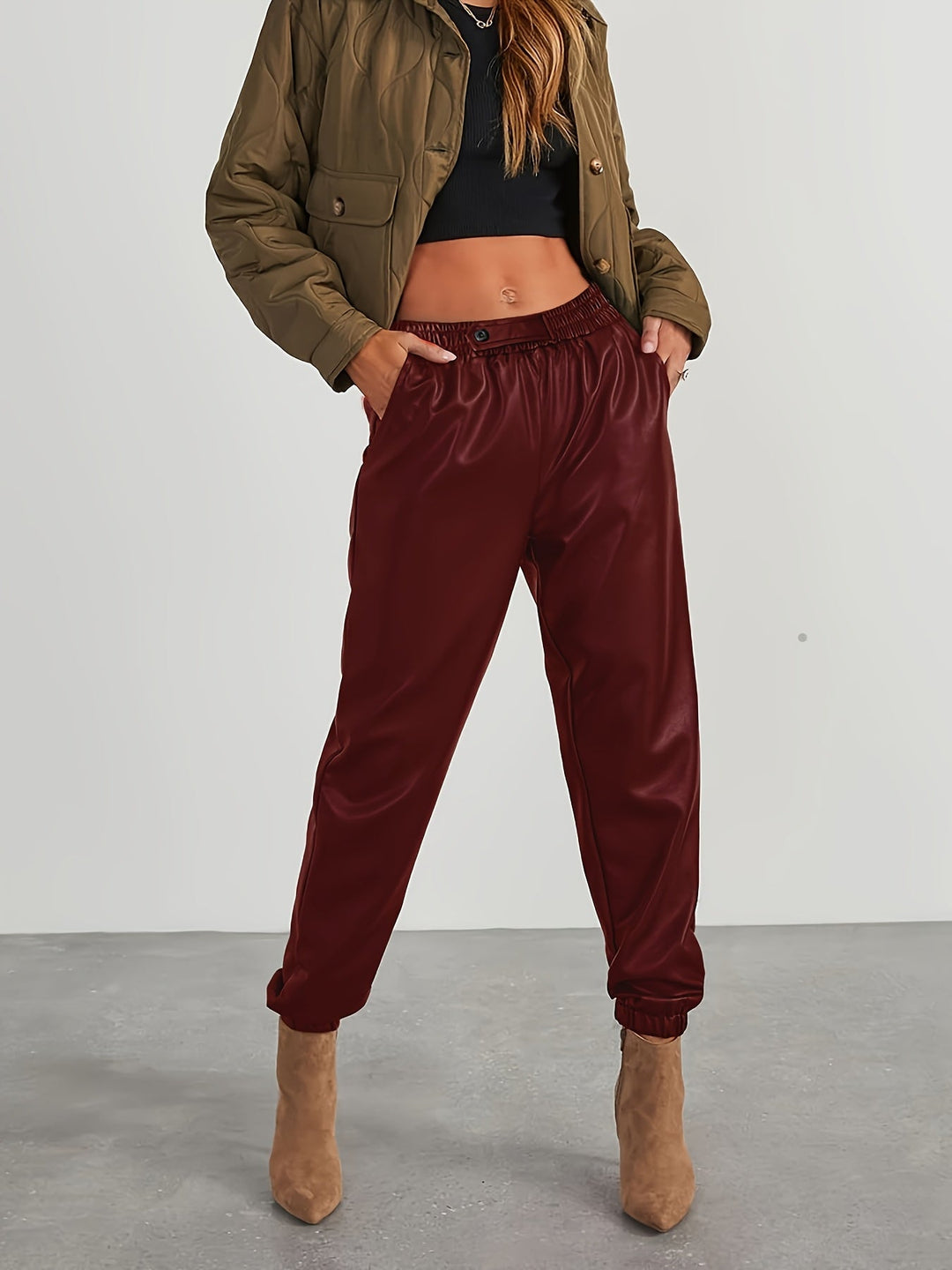 Martha │ Women's Leather-Look Tapered Trousers With Elasticated Waist And Cuffed Ankles