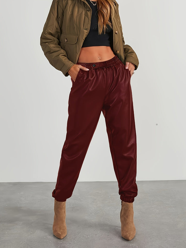 Martha │ Women's Leather-Look Tapered Trousers With Elasticated Waist And Cuffed Ankles