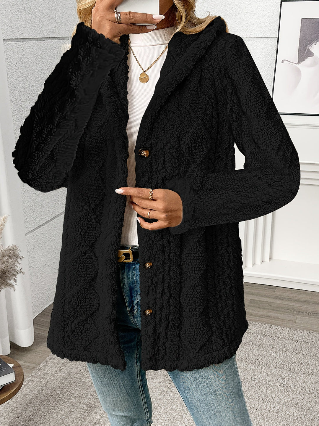 Nora │ Women's Hooded Wool-Blend Teddy Coat With Button Front