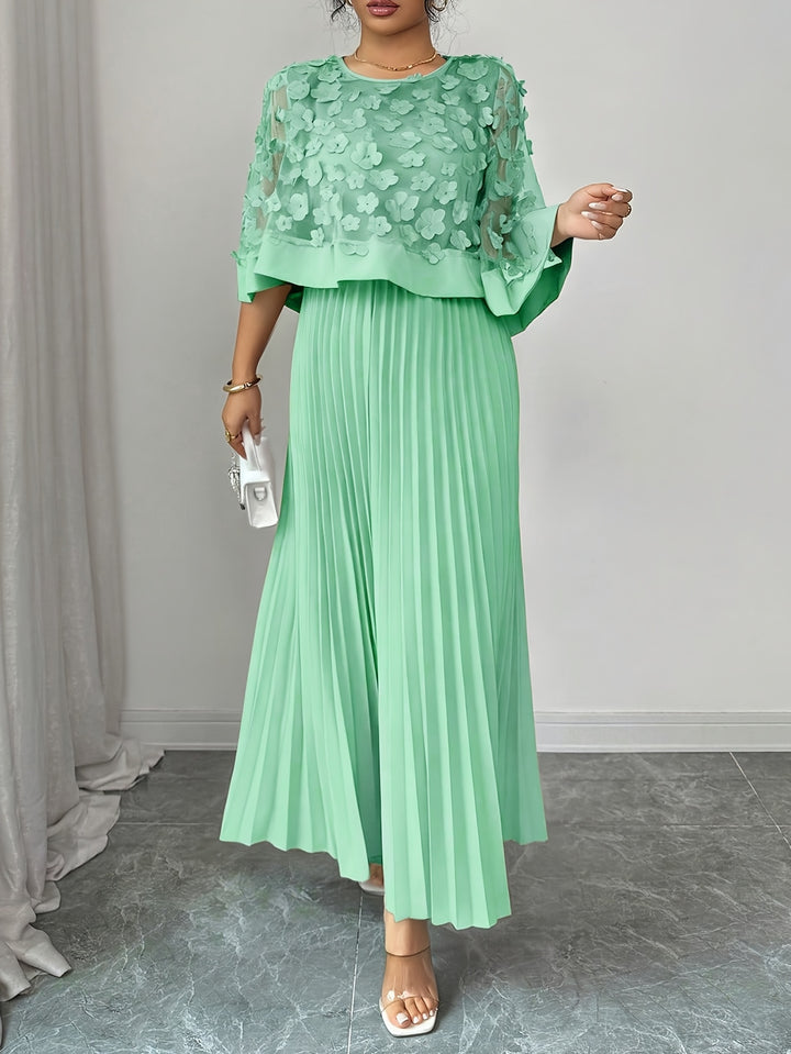 Beatrice │ Women's 3D Floral Appliqué Wedding Guest Maxi Dress With Pleated Skirt