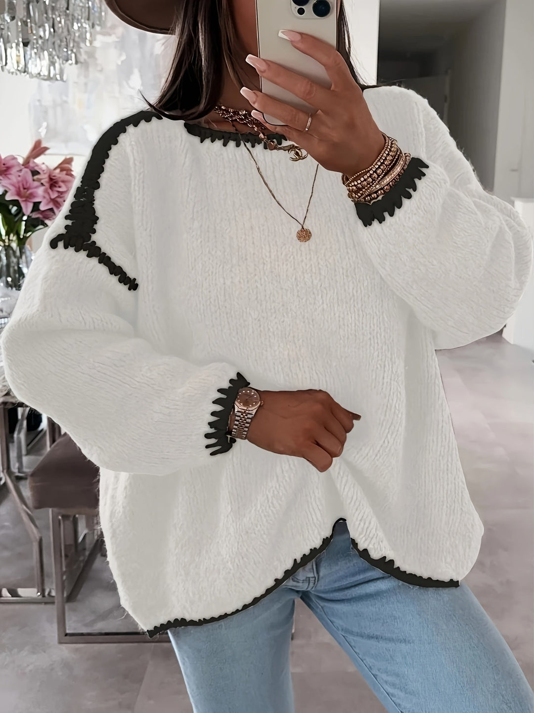 Naomi │ Women's Loose Fit Boat Neck Sweater With Contrast Trim