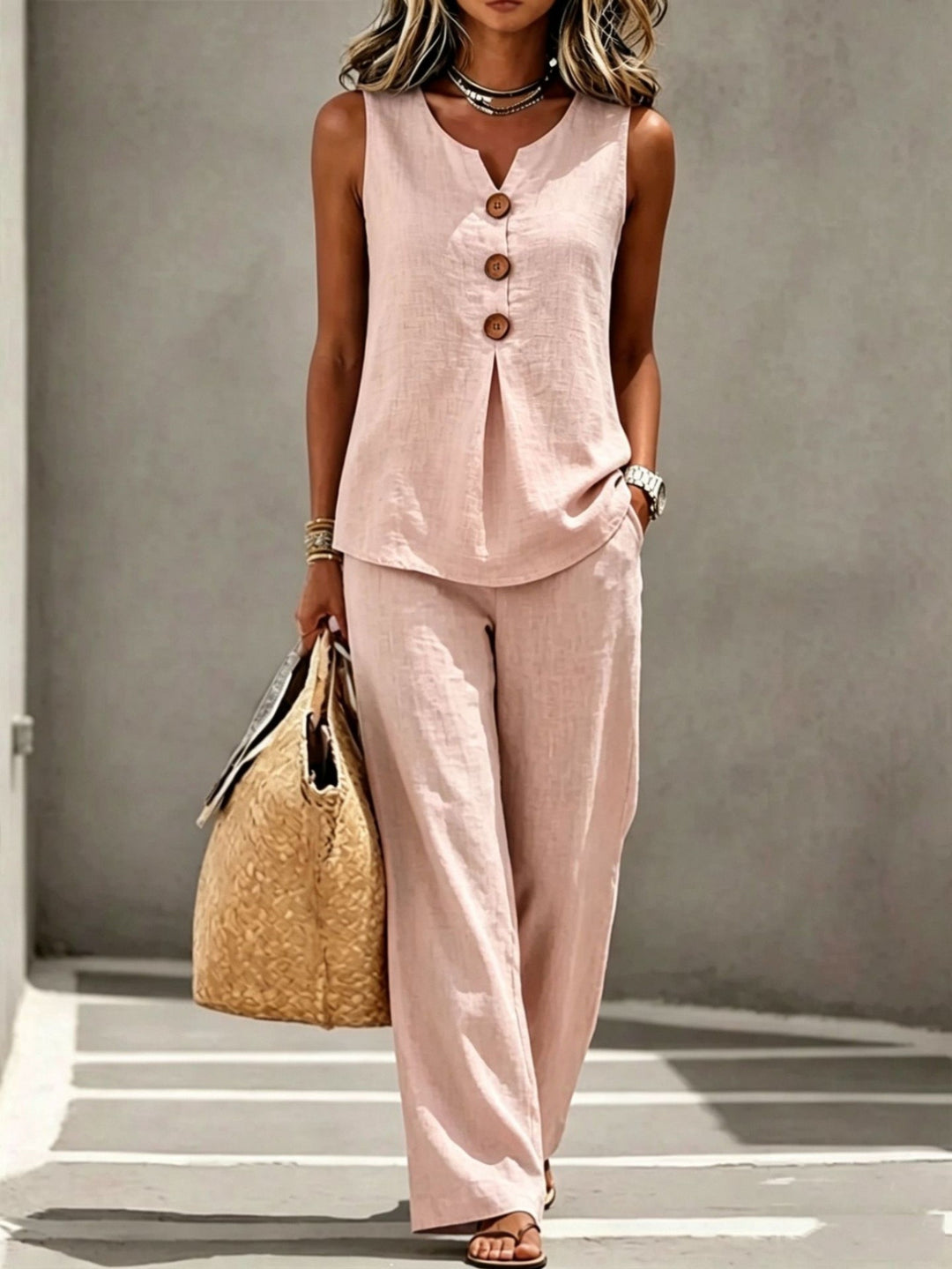 Daisy │ Women's Sleeveless Button Front Top And Wide Leg Trousers Two Piece Set