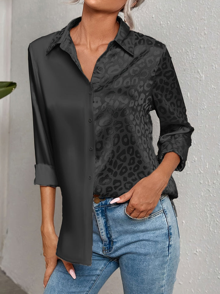 Vera │ Women's Satin Long Sleeve Blouse With Leopard Print