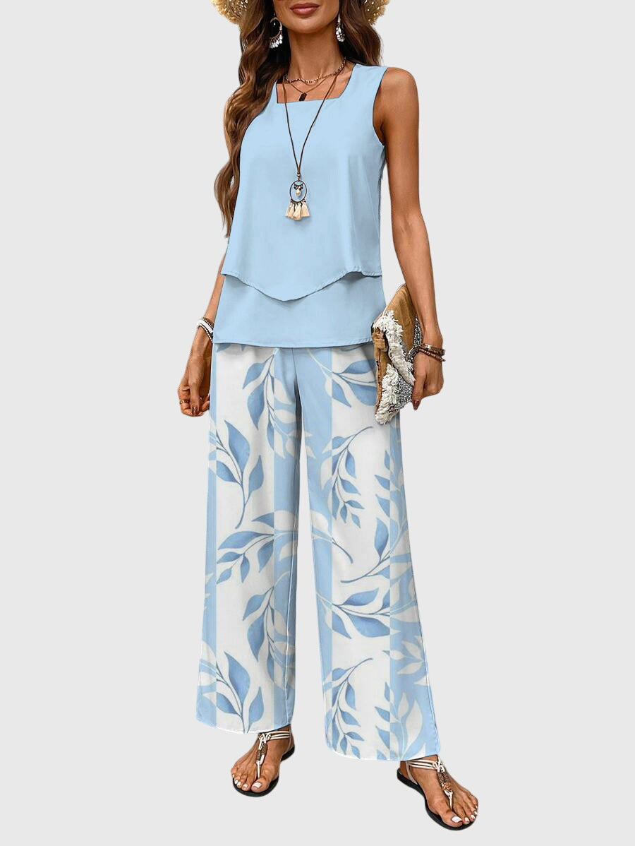Celestine │ Women's Botanical Print Wide-Leg Trousers And Layered Sleeveless Top Two-Piece Set
