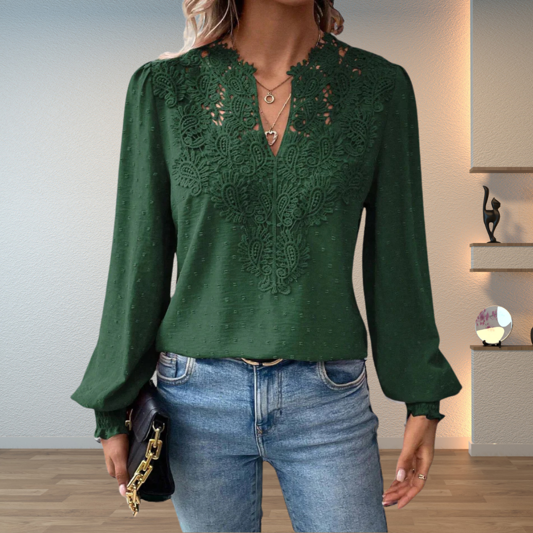 Stella │ Women's Lace Trim V-Neck Long Sleeve Blouse With Textured Fabric