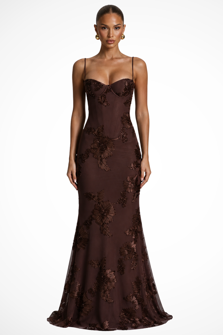 Evangeline │ Women's Floral Embroidered Corset Maxi Wedding Guest Dress With Cami Straps