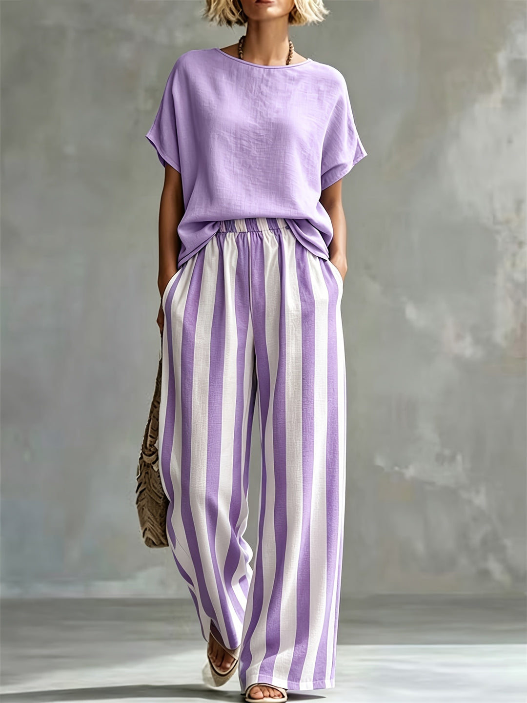Florence | Women's Striped Wide-Leg Trouser Crew Neck Co-ord Set
