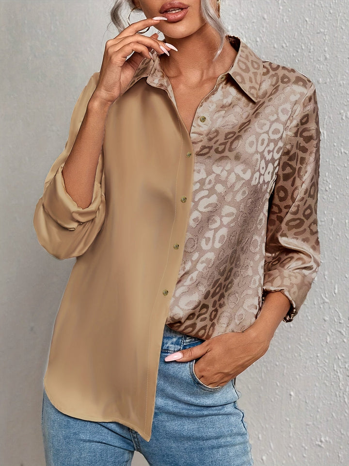 Vera │ Women's Satin Long Sleeve Blouse With Leopard Print