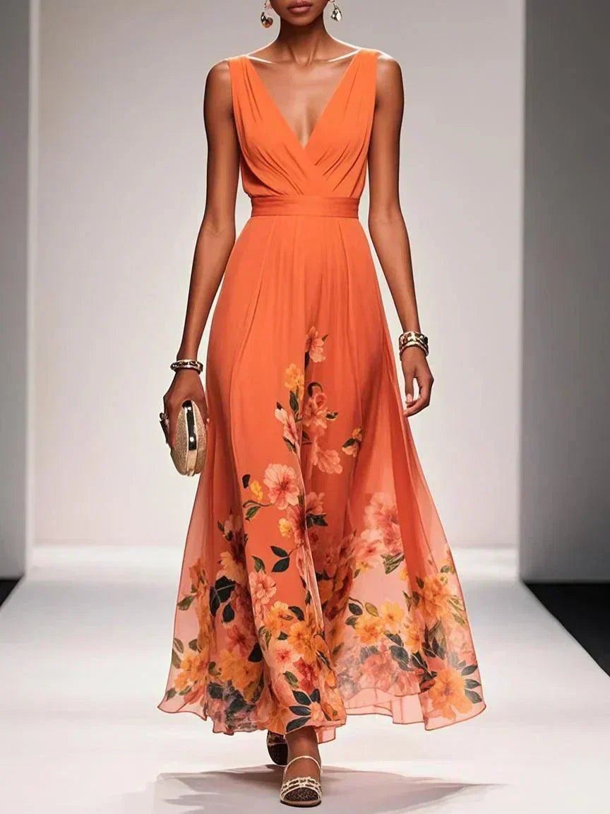 Grace | Women's V-Neck Ruched Bodice Floral Border Maxi Dress