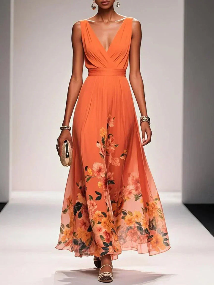 Grace | Women's V-Neck Ruched Bodice Floral Border Maxi Dress